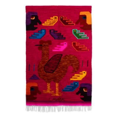 'Handwoven Traditional Rooster-Themed Fuchsia Wool Tapestry'