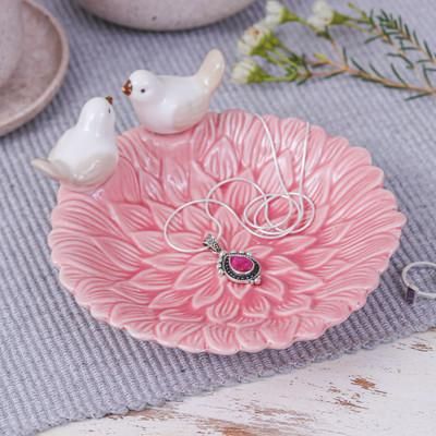 Sweet Birds,'Handcrafted Bird-Themed Floral Pink Ceramic Catchall'