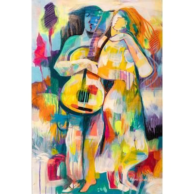 The Dance of Love,'Modern Abstract Oil Painting of Couple Dancing with Guitar'