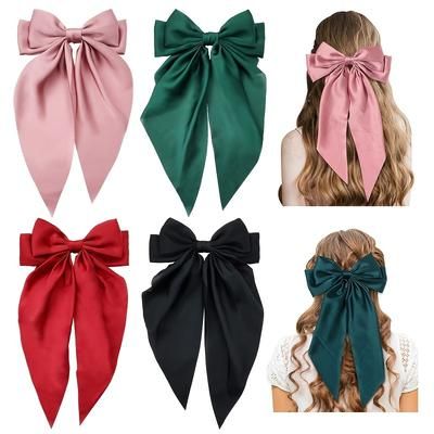 2/4pcs Silky Satin Hair Bows Ribbon Hair Barrettes Clip Large Bow Hair Slides Metal Clips French Barrette Long Tail Hair Accessories Soft Hairpin For Women