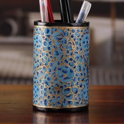 Springtime Blue,'Round Blue and Golden Wood and Papier Mache Pen Holder'