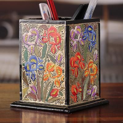 Blooming Conquest,'Floral Weeping Willow Wood and Papier Mache Pen Holder'