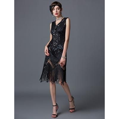 Anni Ruggenti Anni 1920 Lunghezza al ginocchio Vestito Abito Flapper Abito da Ballo Senza maniche Il grande Gatsby Charleston Invitato al matrimonio Frangia con nappe Scollo a V Costume Per donna