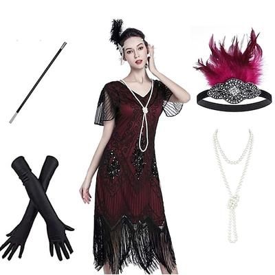 Anni Ruggenti Anni 1920 Lunghezza al ginocchio Vestito Abito Flapper Abiti Maniche corte Il grande Gatsby Invitato al matrimonio Paillettes Frangia con nappe Paillettes Nappa Scollo a V Costume Per