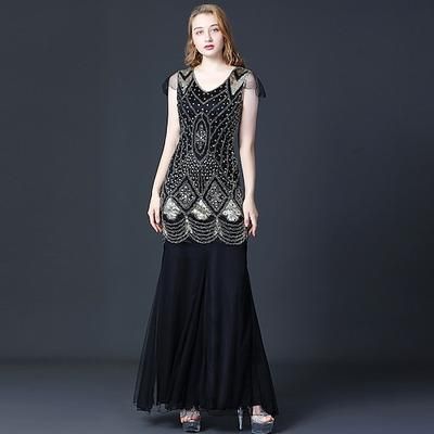 Anni Ruggenti Anni 1920 Lunghezza alla caviglia Vestito Abito da sera Maniche corte Il grande Gatsby Invitato al matrimonio Paillettes Scollo a V Costume Per donna Mascherata Festa serale Matrimonio