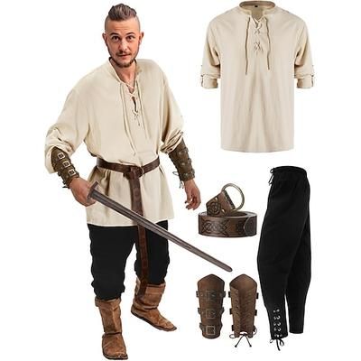 Retrò Vintage Medievale Rinascimento Pantaloni Abiti Cintura in Vita Pirata Vichingo Ranger Costume Per uomo Vichingo Fantasia Halloween Carnevale Mascherata Carnevale Performance Mascherata Adulti