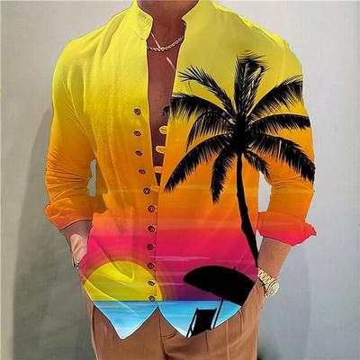 Per uomo Albero di Cocco Piante Tropicali Camicia Camicia hawaiana estiva Camicia Aloha Manica Lunga Camicia Collo alla coreana Moda Designer Casual All'aperto Vacanza Streetwear Giallo Blu Fucsia S