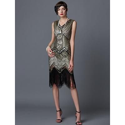 Anni Ruggenti Anni 1920 Lunghezza al ginocchio Vestito Abito Flapper Costumi di Halloween Senza maniche Il grande Gatsby Charleston Invitato al matrimonio Paillettes Pizzo Patchwork Scollo a V Costume