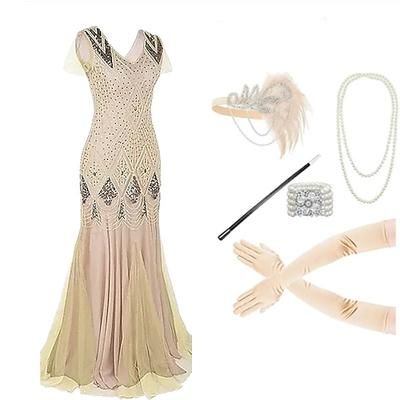 Anni Ruggenti Anni 1920 Lunghezza alla caviglia Vestito Abito da sera Abiti Maniche corte Il grande Gatsby Taglie Forti Invitato al matrimonio Frangia con nappe Nappa Scollo a V Costume Per donna