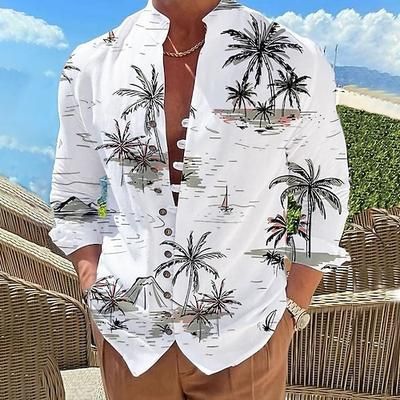 Per uomo Albero di Cocco Piante Tropicali Camicia Camicia hawaiana estiva Camicia Aloha Manica Lunga Camicia Collo alla coreana Moda Designer Casual All'aperto Vacanza Streetwear Bianco Rosa Blu S M L