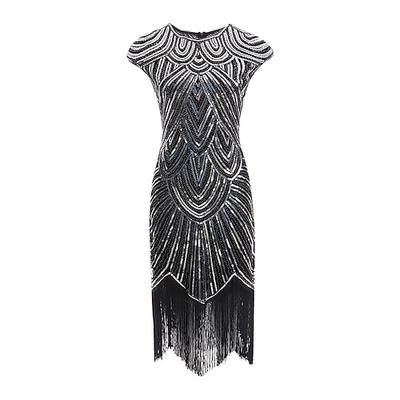 Anni Ruggenti Anni 1920 Lunghezza al ginocchio Vestito Abito Flapper Abito da cocktail Cortissima Il grande Gatsby Charleston Invitato al matrimonio Paillettes Frangia con nappe Tinta unita Scollo