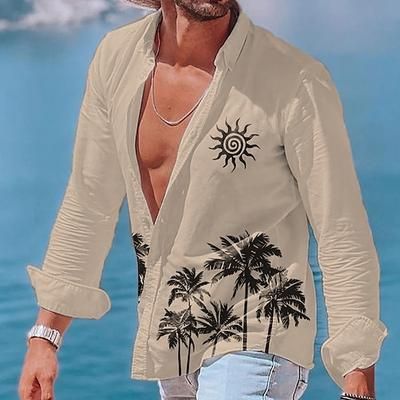 Per uomo Albero Sole Piante Tropicali Camicia Estiva Camicia da Spiaggia Camicia hawaiana estiva Manica Lunga Camicia Bavero Moda Classico Casual Vacanza Camicia hawaiana Ferie Bianco Blu Cachi S M L