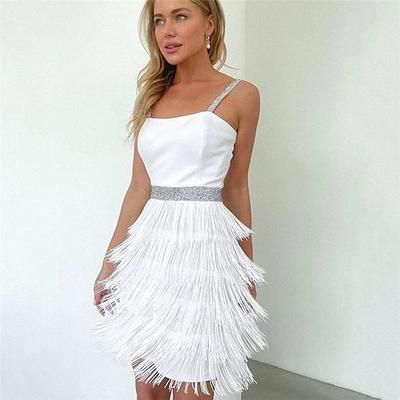 Anni Ruggenti Anni 1920 Lunghezza al ginocchio Corto Mini Vestito Abito Flapper Senza maniche Il grande Gatsby Invitato al matrimonio Frangia con nappe Collo quadrato Costume Per donna Festa serale