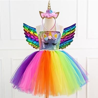 Settimana del libro 2026 Regina delle nevi Unicorno Vestito Ali Fascia Danza stretto Tutù Abito da vacanza for Ragazze Bambini Bambino (1-4 anni) Natale Carnevale Capodanno Matrimonio Ospite di nozze