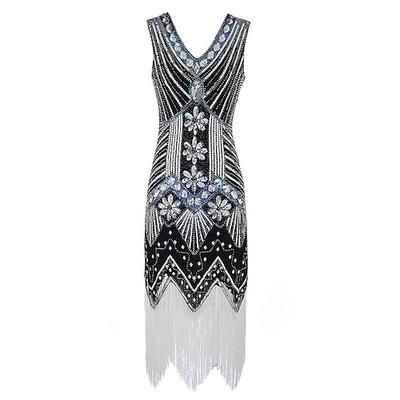 Anni Ruggenti Anni 1920 Lunghezza al ginocchio Vestito Abito Flapper Costumi di Halloween Senza maniche Il grande Gatsby Charleston Invitato al matrimonio Paillettes Patchwork Ricamato Scollo a V