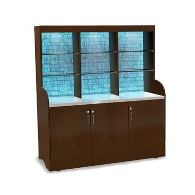 Forbes Industries 5873-GLASSTILE Mobile Back Bar w/ 3 Doors & 3 Compartment Top Shelf - 70"L x 27-1/2"W x 78"H, Wood Veneer, Brown