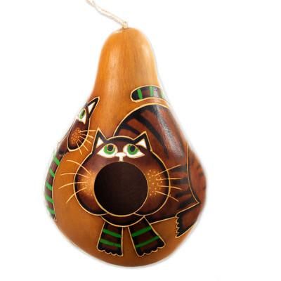'Hand-Painted Dried Gourd Birdhouse with Cat Motif from Peru'