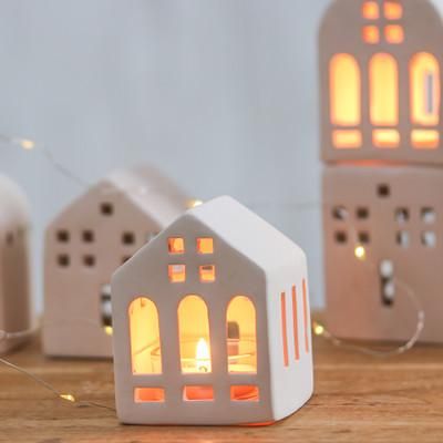 'Handcrafted and Painted Ceramic House-Shaped Tealight Holder'