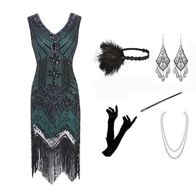 Anni Ruggenti Anni 1920 Lunghezza al ginocchio Lunghezza corta Vestito Abito Flapper Abiti Senza maniche Il grande Gatsby Invitato al matrimonio Paillettes Frangia con nappe Paillettes Scollo a V