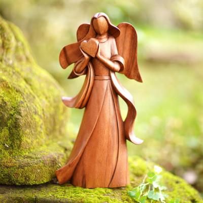Sending Love,'Angel-Themed Romantic Suar Wood Sculpture from Bali'