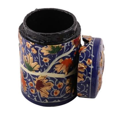 Chinar Delight,'Hand-Painted Blue Floral Leaves Wood Toothpick Holder'
