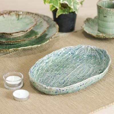 'Ocean-Inspired Blue Oval Celadon Ceramic Appetizer Plate'