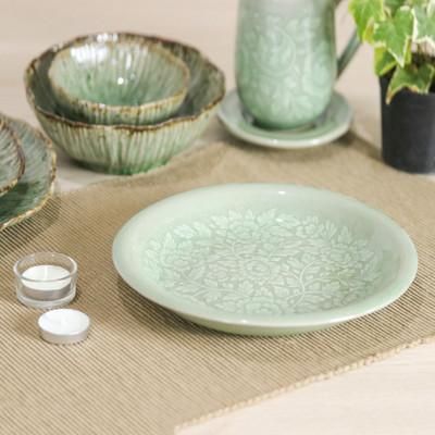 Wealthy Peony,'Floral Green Ceramic Luncheon Plate with Crackled Finish'