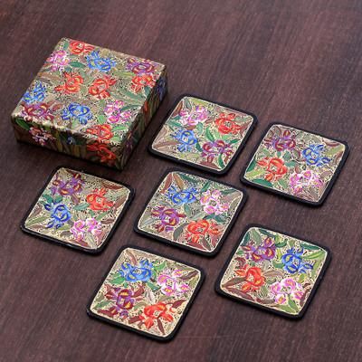 Blooming Manor,'Set of 6 Floral Brown Wood and Papier Mache Coasters'