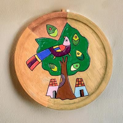 'Nature-Themed Hand-Painted Round Decorative Pinewood Plaque'