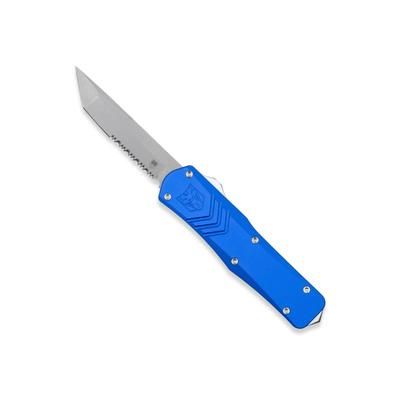 CobraTec Knives FS-X Medium Gen II OTF Automatic Folding Knife 3in Stonewashed D2 Steel Blade Tanto Serrated Blade Blue Handle MBLUFS-XGEN2TS