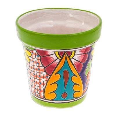 'Talavera Kiwi Ceramic Flower Pot with Hacienda-Themed Motifs'