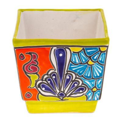 Hacienda Scenes in Chartreuse,'Talavera Chartreuse Ceramic Flower Pot Handcrafted in Mexico'