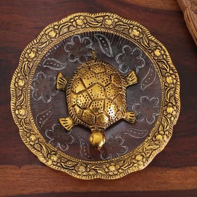'Antique Golden Turtle-Themed Aluminum and Glass Centerpiece'