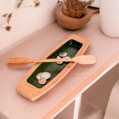 Harmonious Journey,'Hand-Carved Painted Green Cedarwood Boat Catchall'