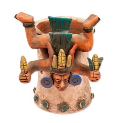 Descending God with Corn,'Signed Ceramic Aztec God with Maize Replica Vessel'