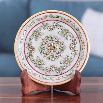 Regal Blast,'Handcrafted Floral Marble Decorative Plate With Stand'