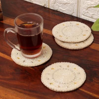 Ivory Majesty,'Set of 4 Handcrafted Round Ivory Glass Beaded Coasters'