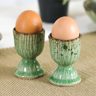 'Lotus-Themed Crackled Green Celadon Ceramic Egg Cups (Pair)'