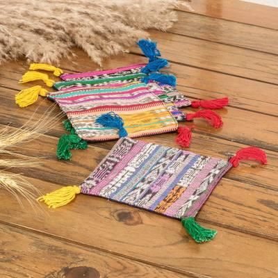 Trendy Traditions,'Set of Four Handwoven Cotton Coasters with Colorful Tassels'