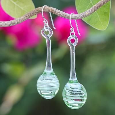 Petite Green Pendulum,'Green White & Clear Handblown Glass Pendulum Dangle Earrings'