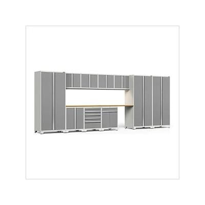NewAge Garage Cabinets PRO Series Platinum 12-Piece Set with Bamboo Tops and LED Lights