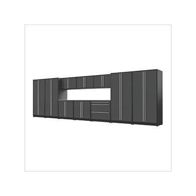 Proslat Garage Cabinets 12-Piece Glossy Grey Cabinet Set with Silver Handles and Stainless Steel Worktop