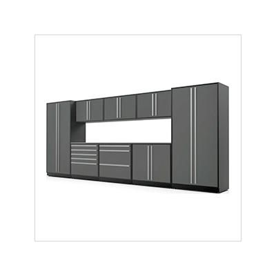 Proslat Garage Cabinets 10-Piece Glossy Grey Cabinet Set with Silver Handles and Stainless Steel Worktop