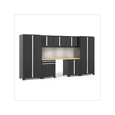 NewAge Garage Cabinets PRO Series Black 8-Piece Set with Bamboo Top, Slatwall and LED Lights