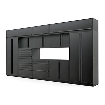 Proslat Garage Cabinets 12-Piece Mat Black Cabinet Set with Black Handles and Powder Coated Worktop