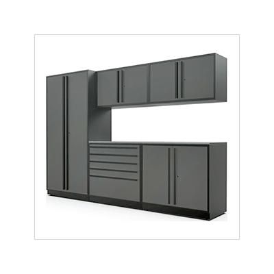 Proslat Garage Cabinets 6-Piece Glossy Grey Cabinet Set with Black Handles and Stainless Steel Worktop