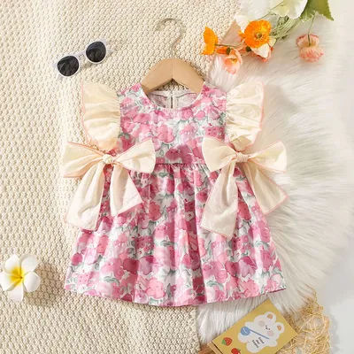 Robe d'été pour bébé fille, Style dames, petites manches volantes, pliées, peintes à la main, Feng