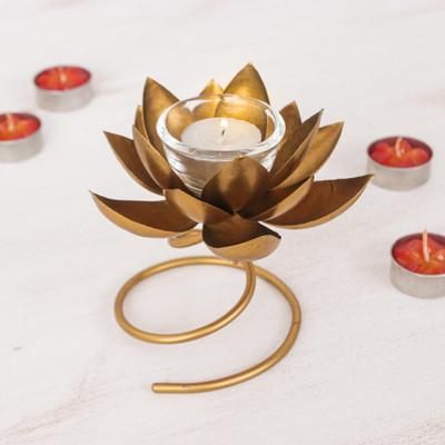 Lotus Flame in Gold,'Handmade Steel & Iron Lotus Flower Tealight Holder in Gold'