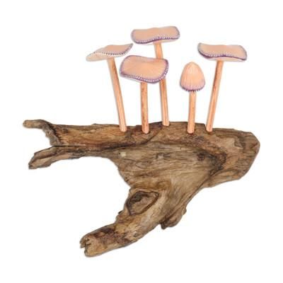 Little Nature,'Mushroom-Themed Gamal and Jempinis Wood Wall Sculpture'