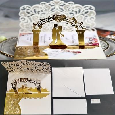 4pcs/set, 3d Pop Up Wedding & Engagement Anniversary Invitation Cards With Bride & Groom Heart Design Wedding Supplies